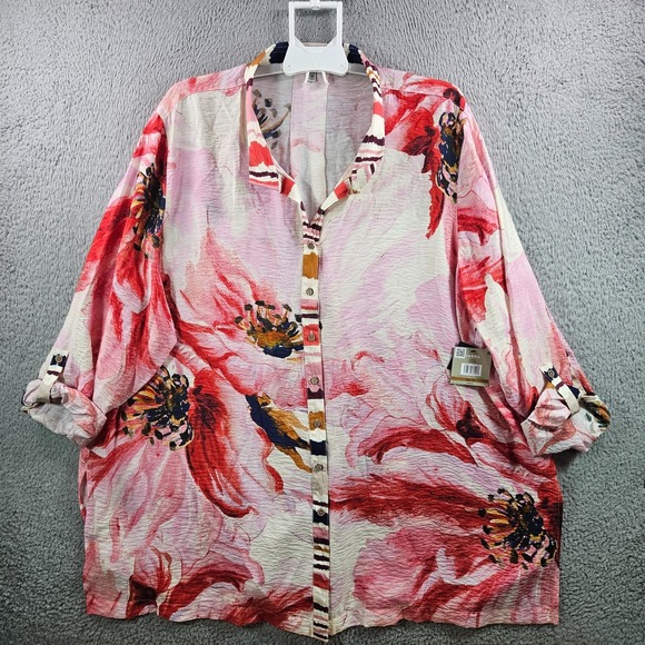 John Mark Tops - NEW John Mark Shirt Top Women 3X Button Up Large Floral Print Pink Red